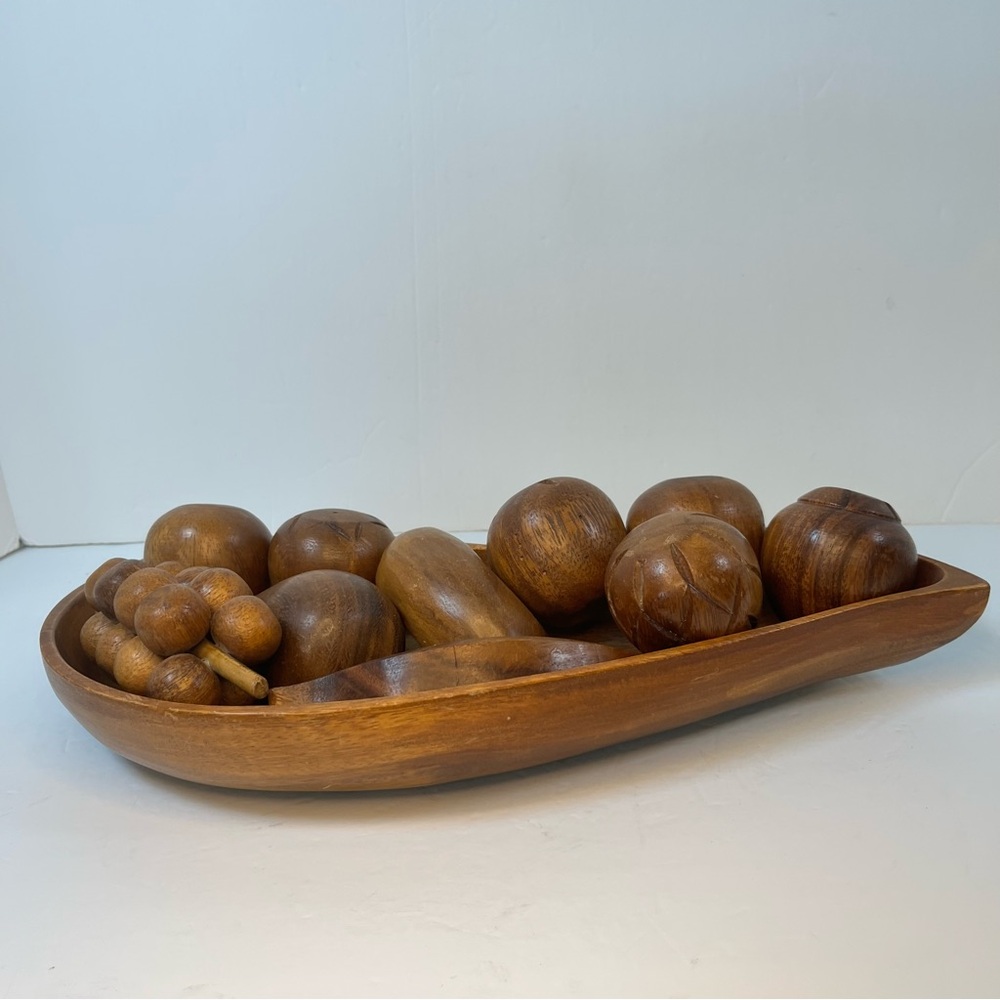 Vintage Mid Century MCM 11 pc Hand Carved Wooden Monkey Pod Leaf Bowl with Fruit - Picture 3 of 13